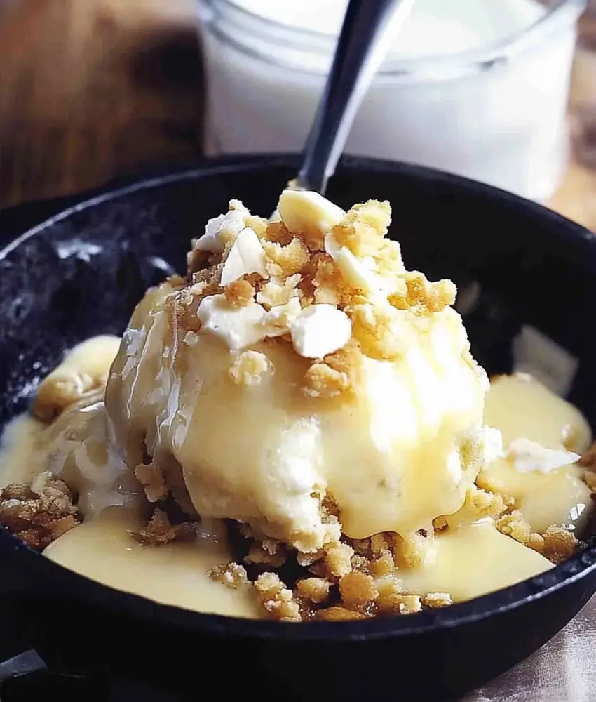 Skillet dessert from Applebee's with vanilla ice cream, crumble topping, and rich sauce served in a rustic black pan.