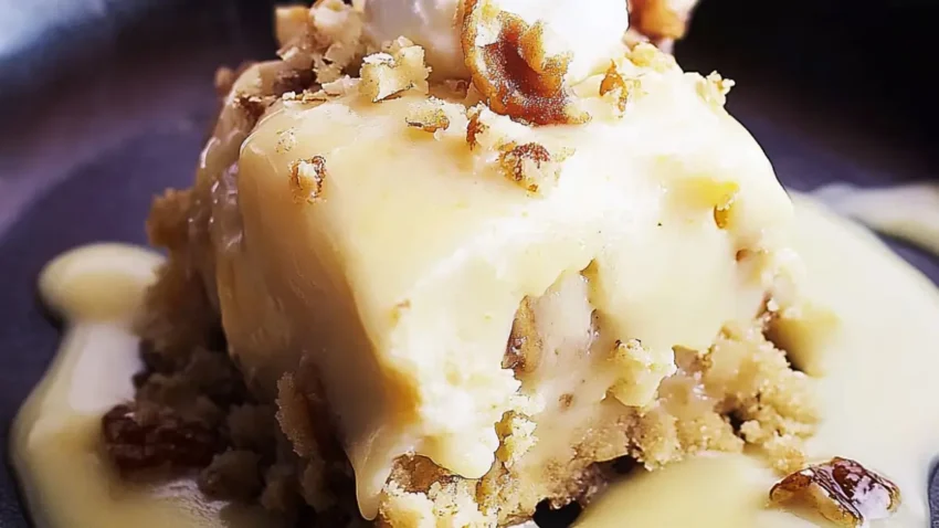 Close-up of a warm dessert from Applebee's featuring a creamy vanilla sauce, crushed nuts, and a moist cake base.