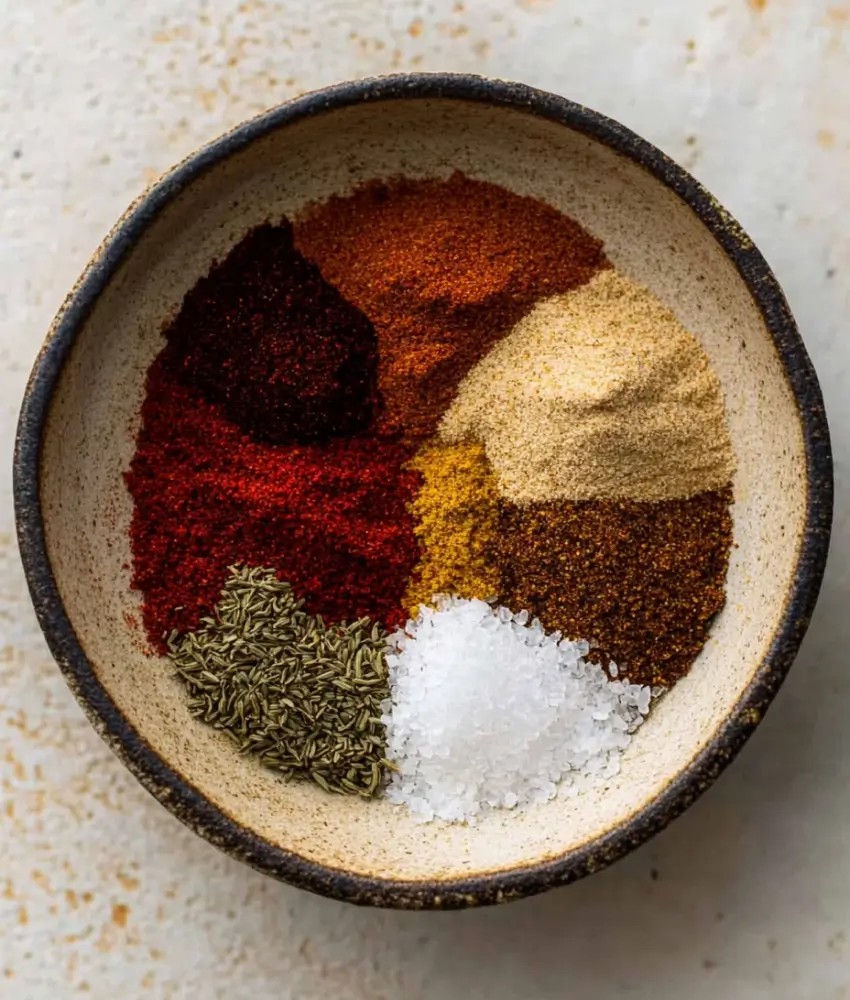 A ceramic bowl filled with neatly arranged spices for chipotle seasoning, including paprika, chili powder, cumin, garlic powder, salt, and dried herbs.