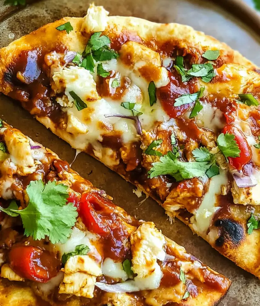 Closeup of BBQ chicken flatbread with melted cheese, barbecue sauce, fresh cilantro, and red onions.