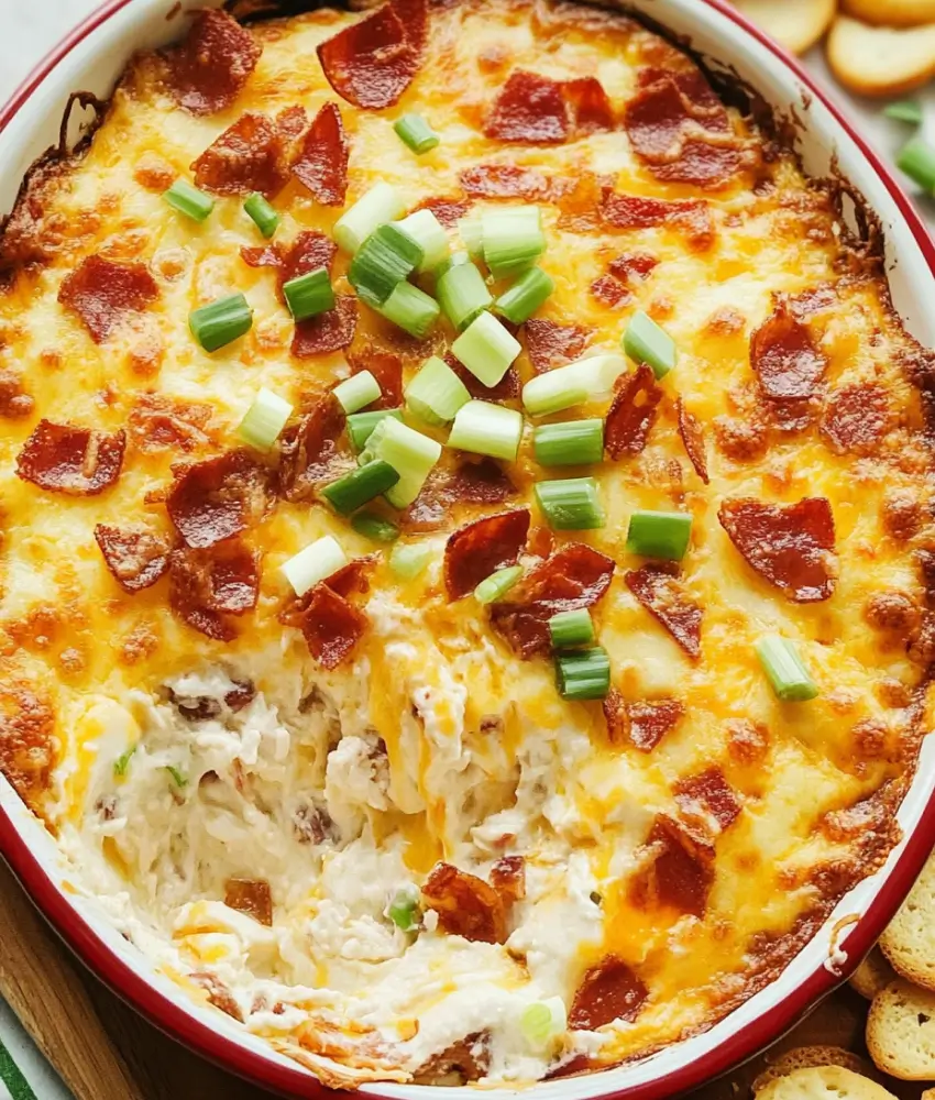 Baked crack chicken dip in a red dish, topped with melted cheddar, crispy bacon, and green onions, with a scoop missing to reveal the creamy filling.