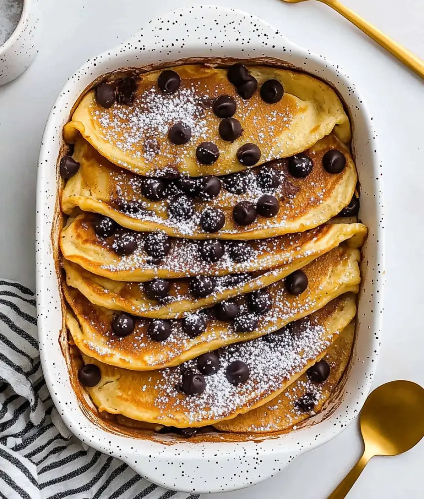 Top-down view of a baked pancake casserole layered with chocolate chips and dusted with powdered sugar, served in a speckled ceramic dish with a golden spoon.