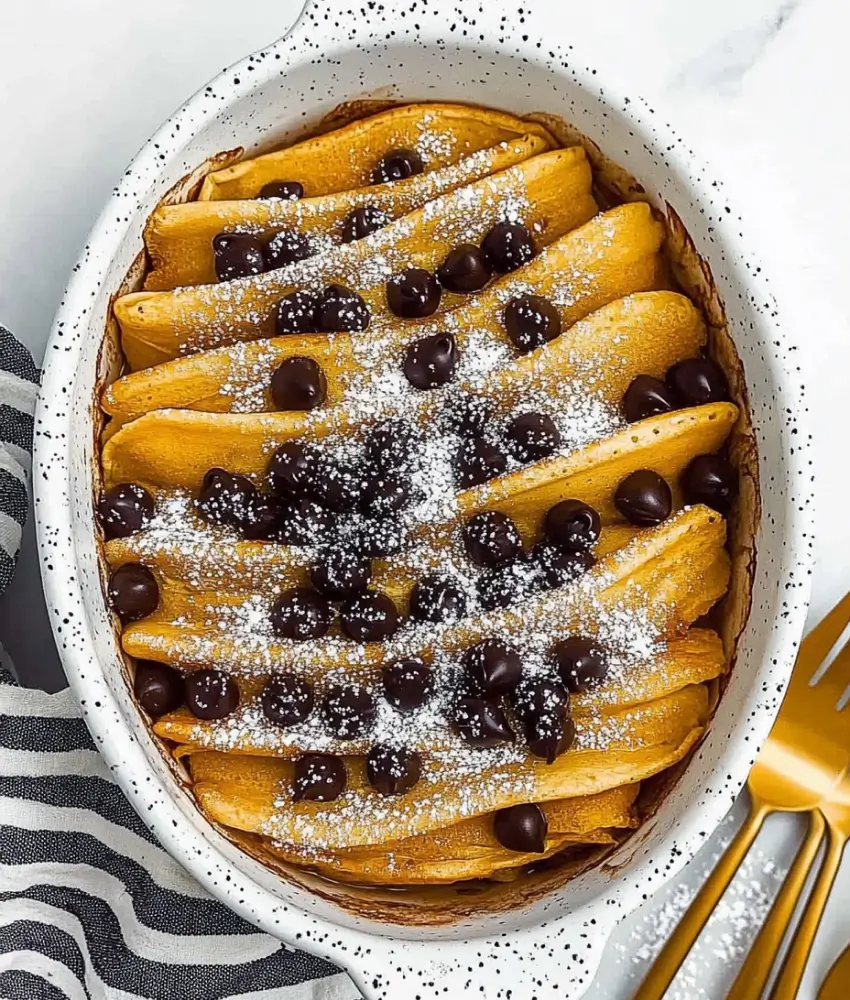 Overhead view of a baked pancake casserole, layered with golden-brown pancakes, chocolate chips, and powdered sugar, served in a speckled ceramic baking dish.