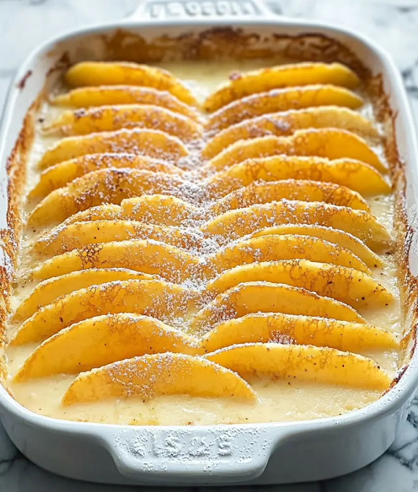 Top-down view of a baked peach custard casserole, featuring golden peach slices arranged in rows, lightly dusted with powdered sugar in a white ceramic dish.