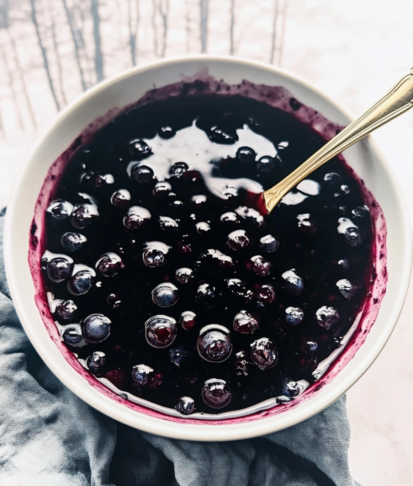 A white bowl filled with glossy blueberry sauce and a golden spoon, set against a soft, natural backdrop.