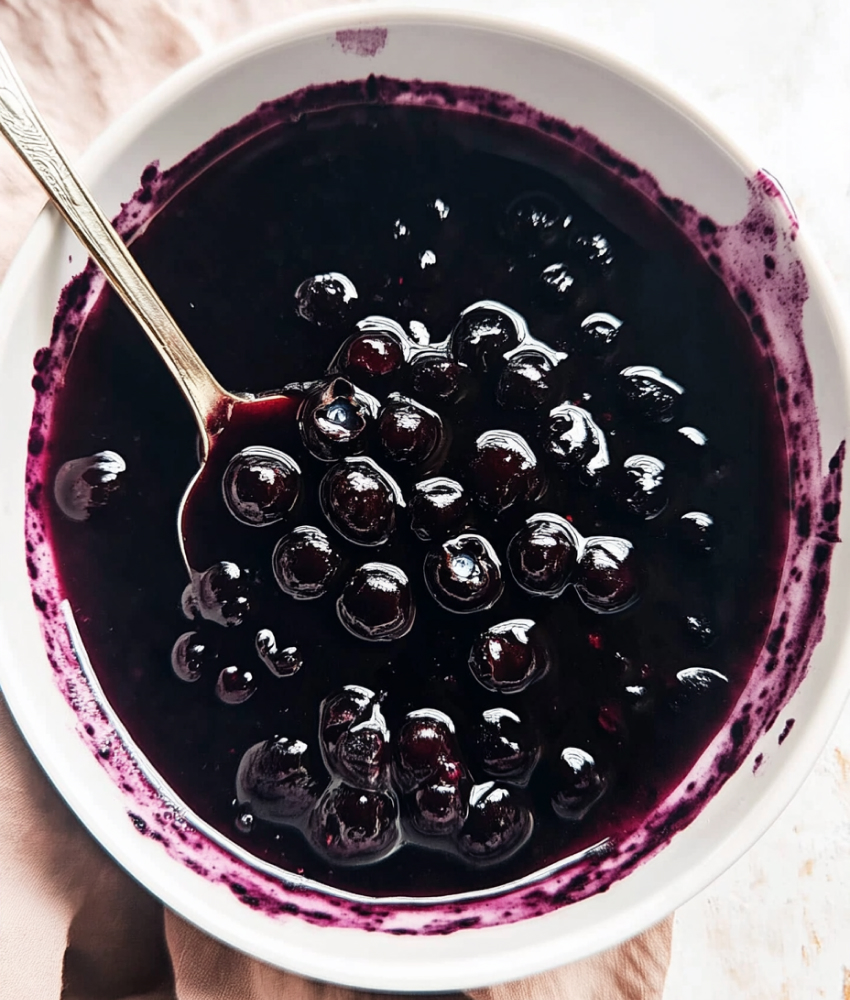 A bowl of homemade blueberry sauce with a silver spoon, featuring whole blueberries in a glossy purple syrup.