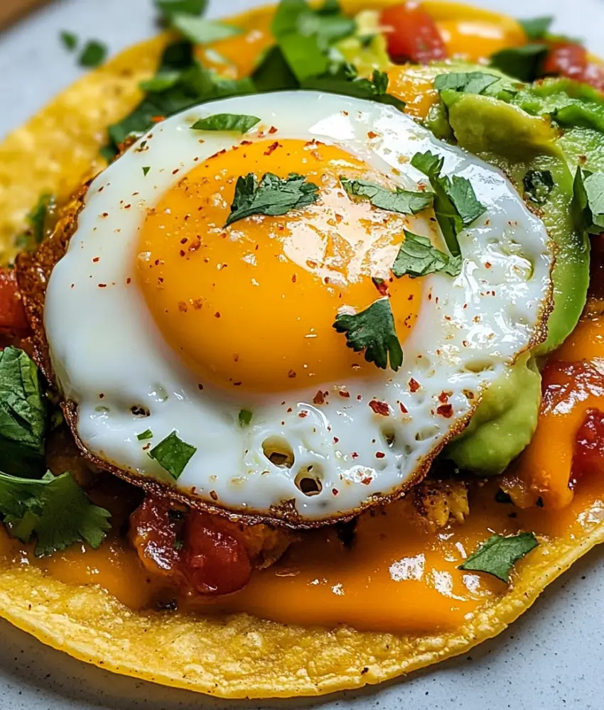 A close-up of a breakfast taco topped with a sunny-side-up egg, creamy avocado, melted cheese, salsa, and fresh cilantro.