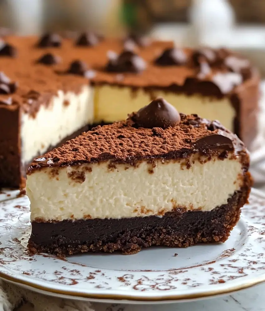 A slice of brownie cheesecake with a rich brownie crust, creamy cheesecake layer, and a cocoa-dusted chocolate topping, garnished with chocolate pieces.