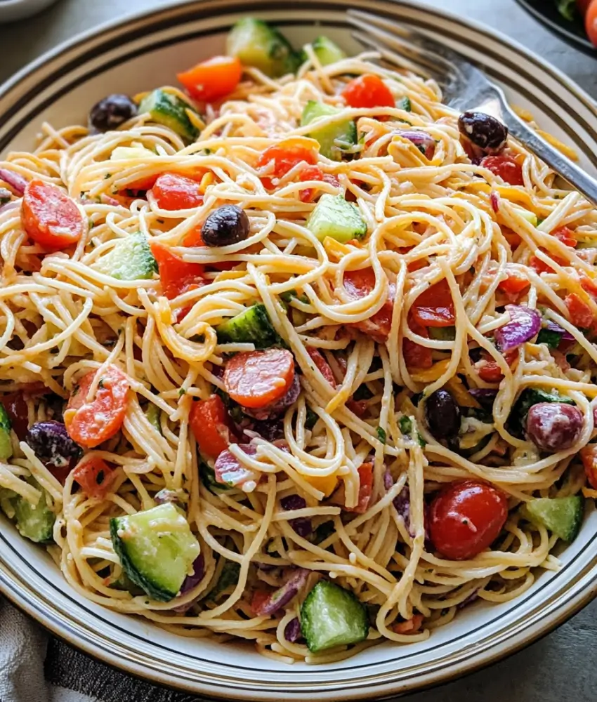 Close-up of California spaghetti salad with cherry tomatoes, cucumbers, olives, and creamy dressing in a bowl.