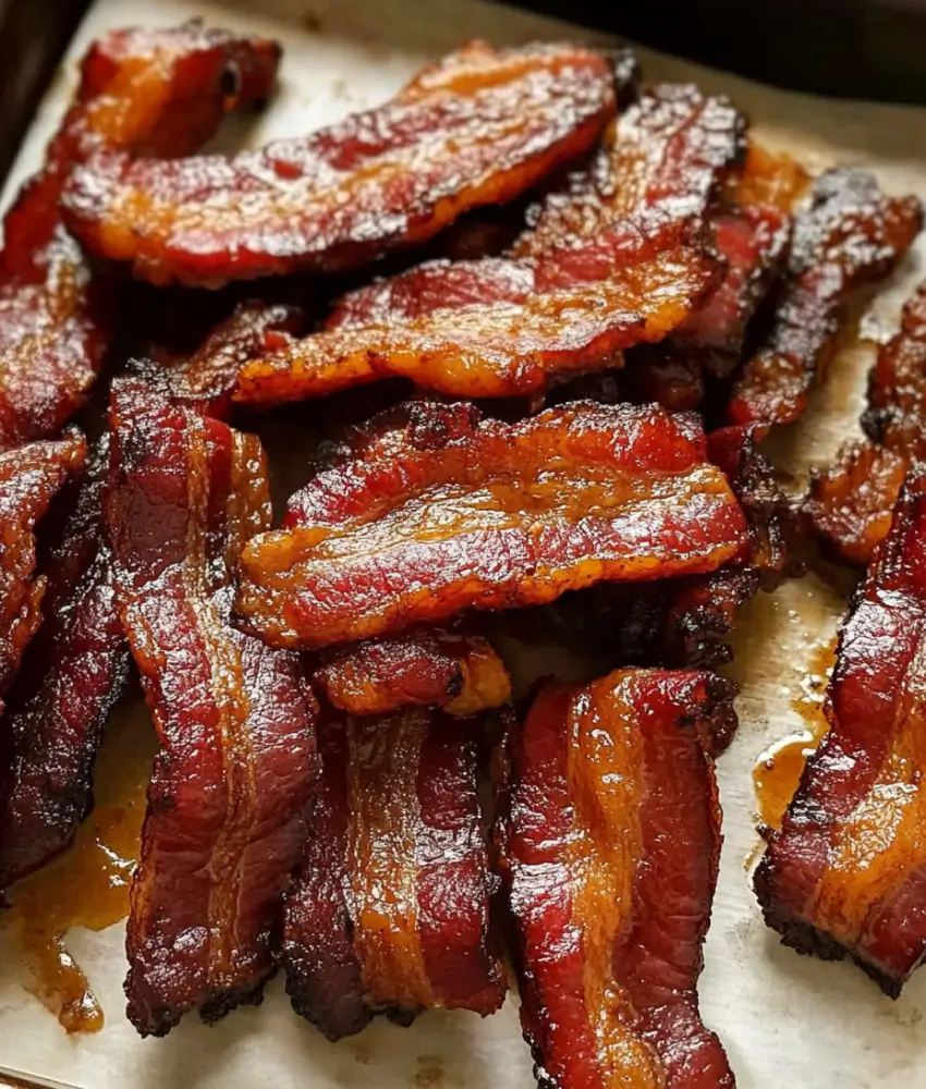 Crispy candied smoked bacon strips with a caramelized glaze, displayed on a parchment-lined tray.