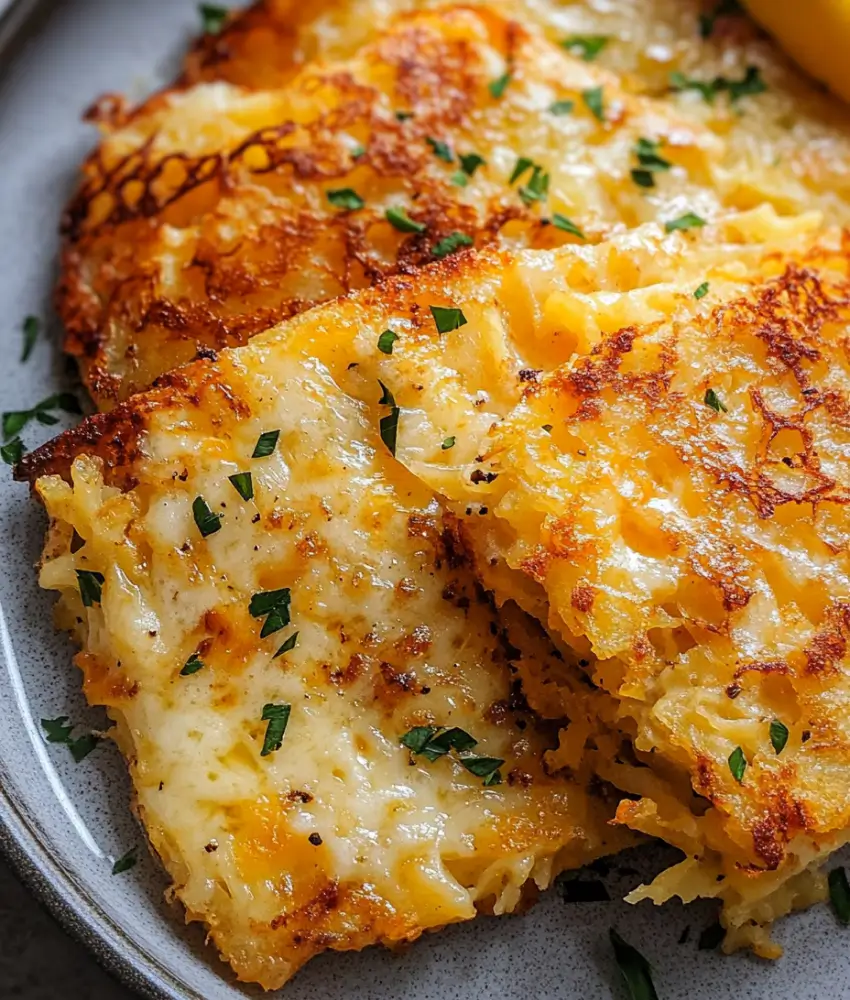 Close-up of cheesy air fryer hash browns garnished with fresh parsley, served on a gray plate.