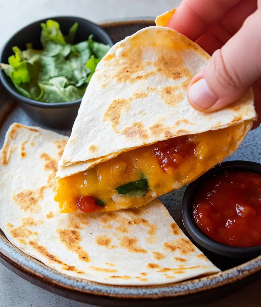 Hand holding a cheesy air fryer quesadilla filled with melted cheese, salsa, and vegetables, served with lettuce and dipping salsa on a plate.