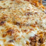 A close-up of a golden-brown, cheesy baked spaghetti casserole in a glass dish, topped with melted mozzarella and seasonings.