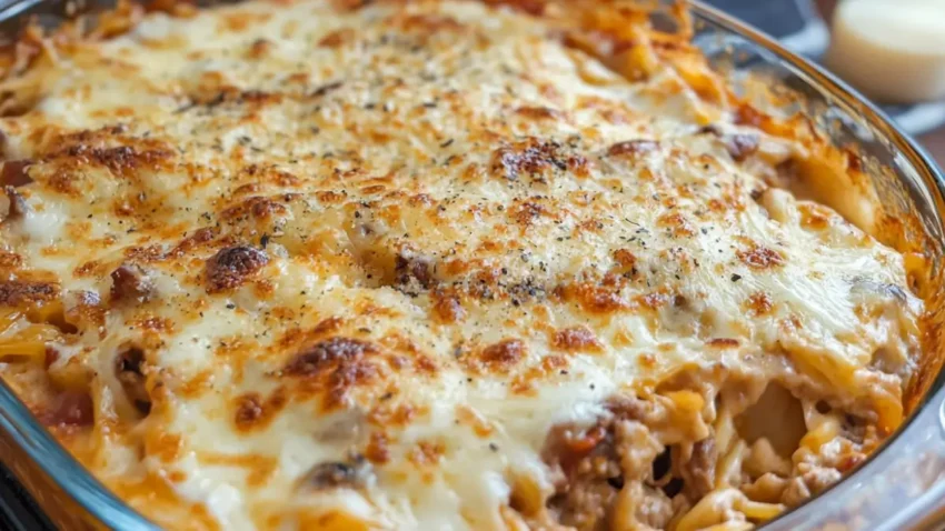 A close-up of a golden-brown, cheesy baked spaghetti casserole in a glass dish, topped with melted mozzarella and seasonings.