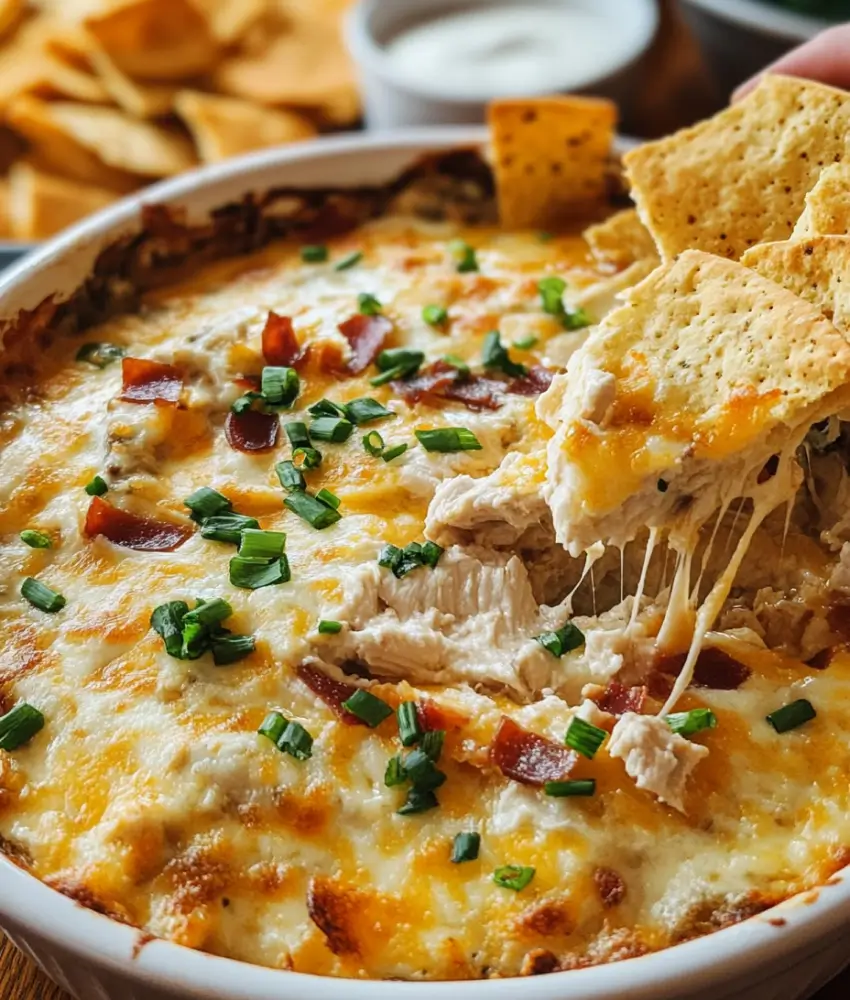 Close-up of hot crack chicken dip in a white dish, topped with melted cheese, crispy bacon, and green onions, with tortilla chips scooping up cheesy chicken.