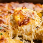 Close-up of a serving of cheesy crack potatoes being scooped from a casserole dish, featuring golden melted cheese and fresh parsley garnish.