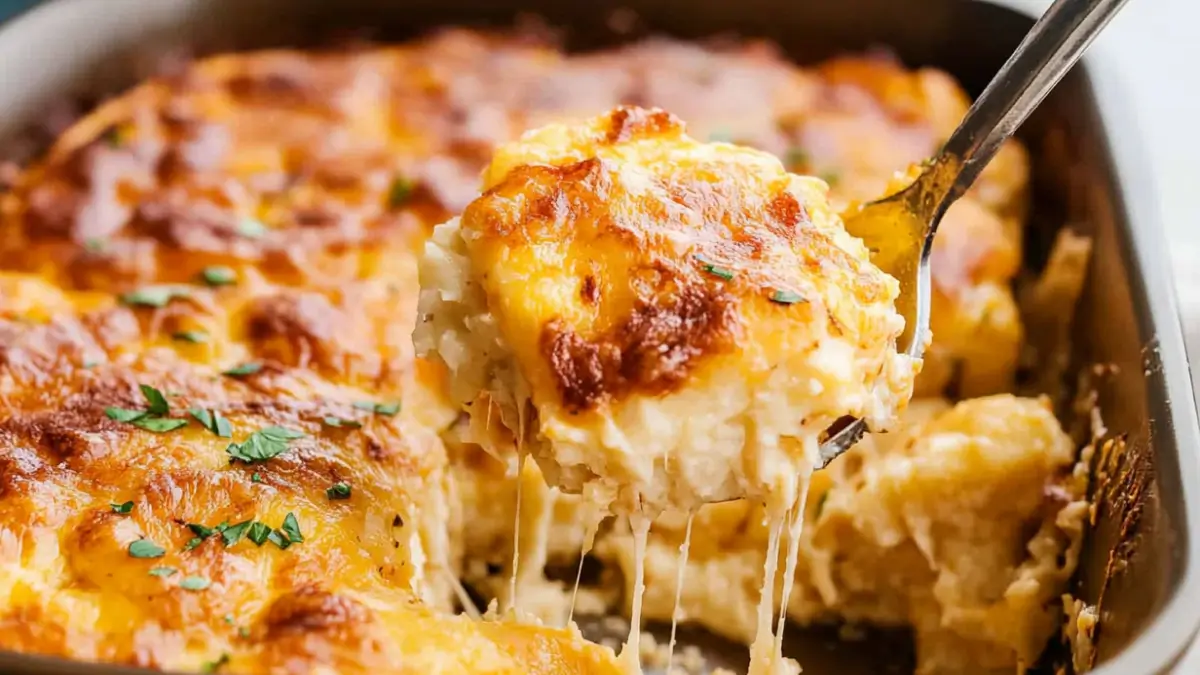 Close-up of a serving of cheesy crack potatoes being scooped from a casserole dish, featuring golden melted cheese and fresh parsley garnish.