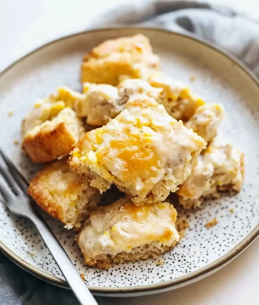 A plate of cheesy egg biscuit bites served on a speckled dish with a fork, showcasing melted cheese and crumbly biscuit texture.