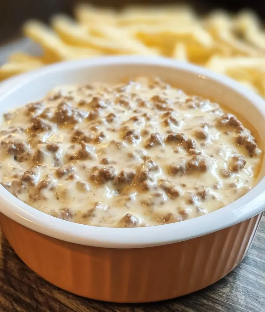 A creamy hamburger dip with ground beef and melted cheese served in an orange dish, accompanied by crispy fries in the background.