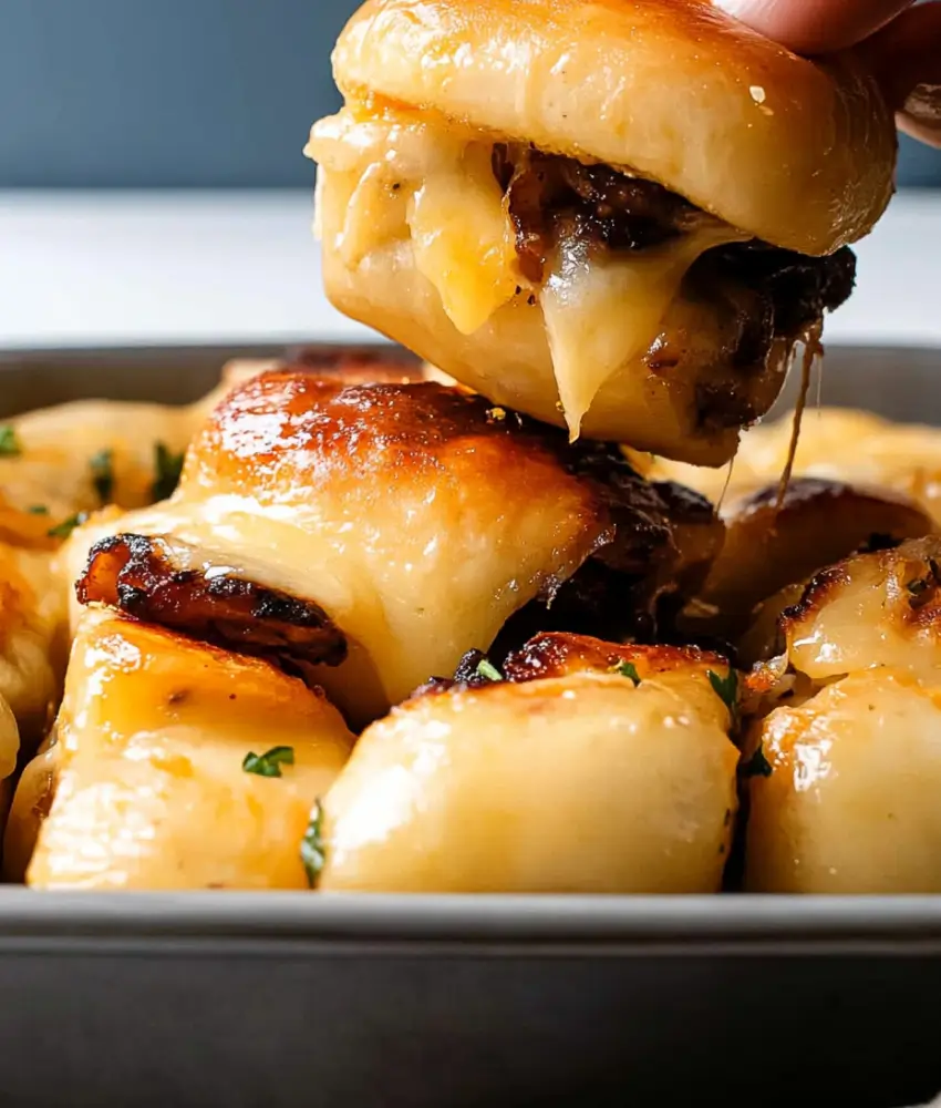 A close-up of golden pull-apart sliders stuffed with melted cheese, caramelized onions, and savory fillings, being lifted from a baking dish.