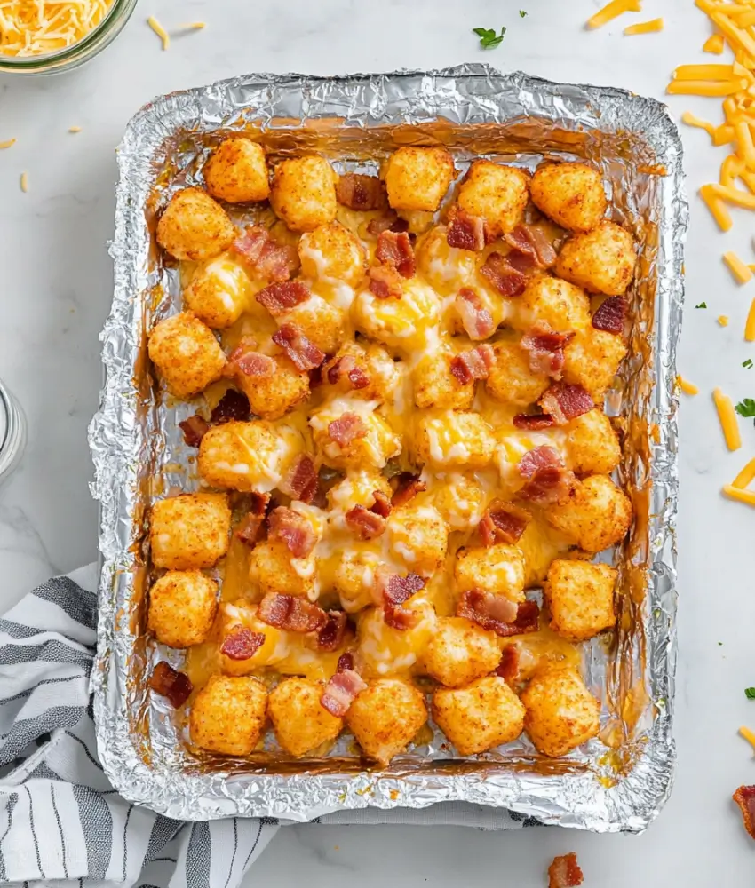 A foil-lined pan filled with crispy tater tots topped with melted cheese and bacon bits.