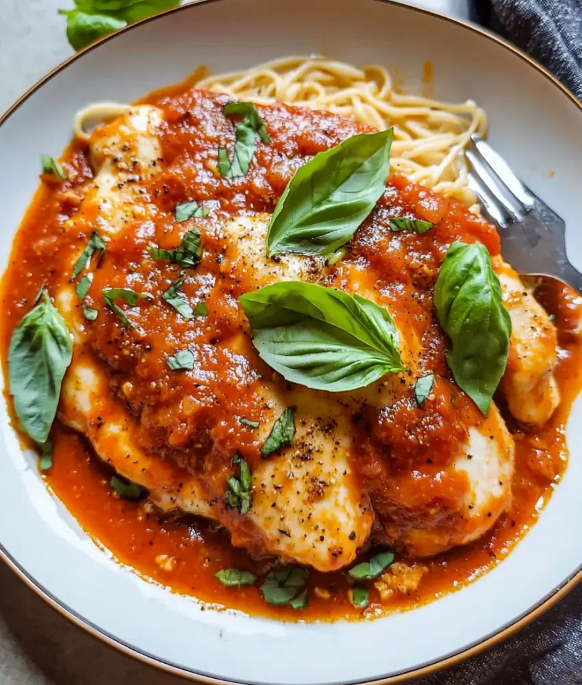 Chicken parmesan served over spaghetti, topped with marinara sauce, melted cheese, fresh basil leaves, and black pepper in a white bowl.