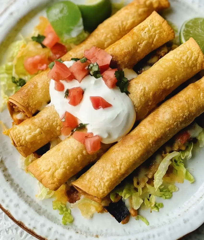 Crispy chicken taquitos topped with sour cream, diced tomatoes, cilantro, and served with lime wedges and shredded lettuce.