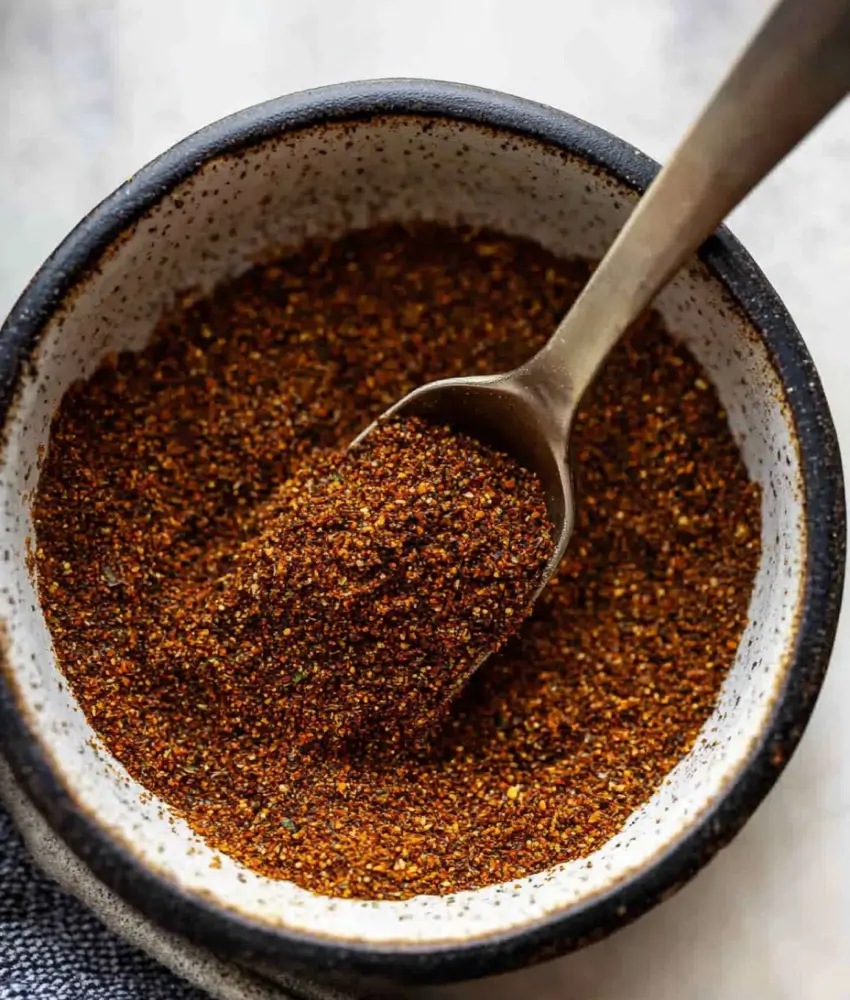 A close-up of a ceramic bowl filled with chipotle seasoning, with a metal spoon scooping the smoky, spicy blend.