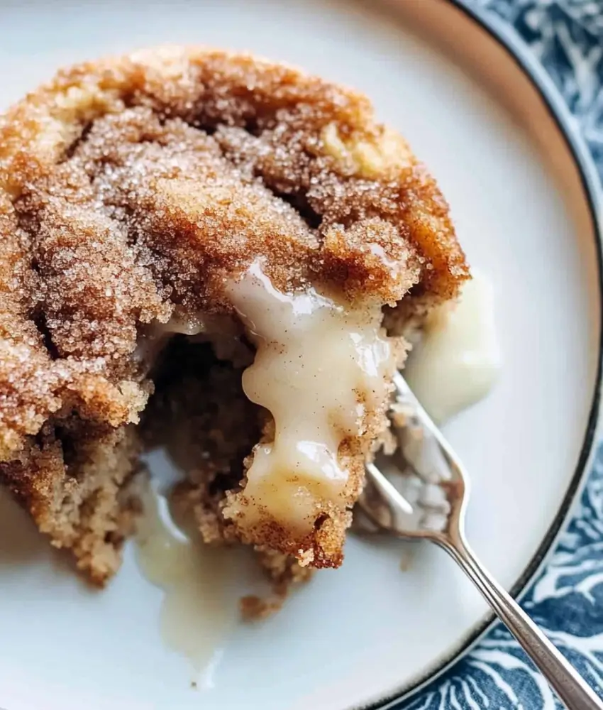 A slice of moist cinnamon apple cake topped with a sugary crumble, drizzled with warm vanilla sauce, served on a patterned plate with a fork.