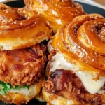 Close-up of a cinnamon roll fried chicken sandwich featuring crispy fried chicken, leafy greens, melted cheese, and a glistening cinnamon roll bun.