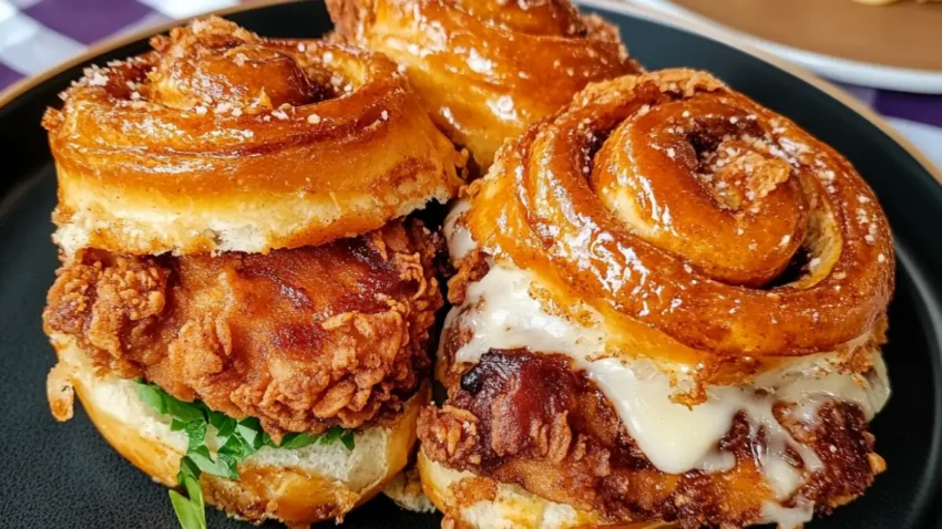 Close-up of a cinnamon roll fried chicken sandwich featuring crispy fried chicken, leafy greens, melted cheese, and a glistening cinnamon roll bun.