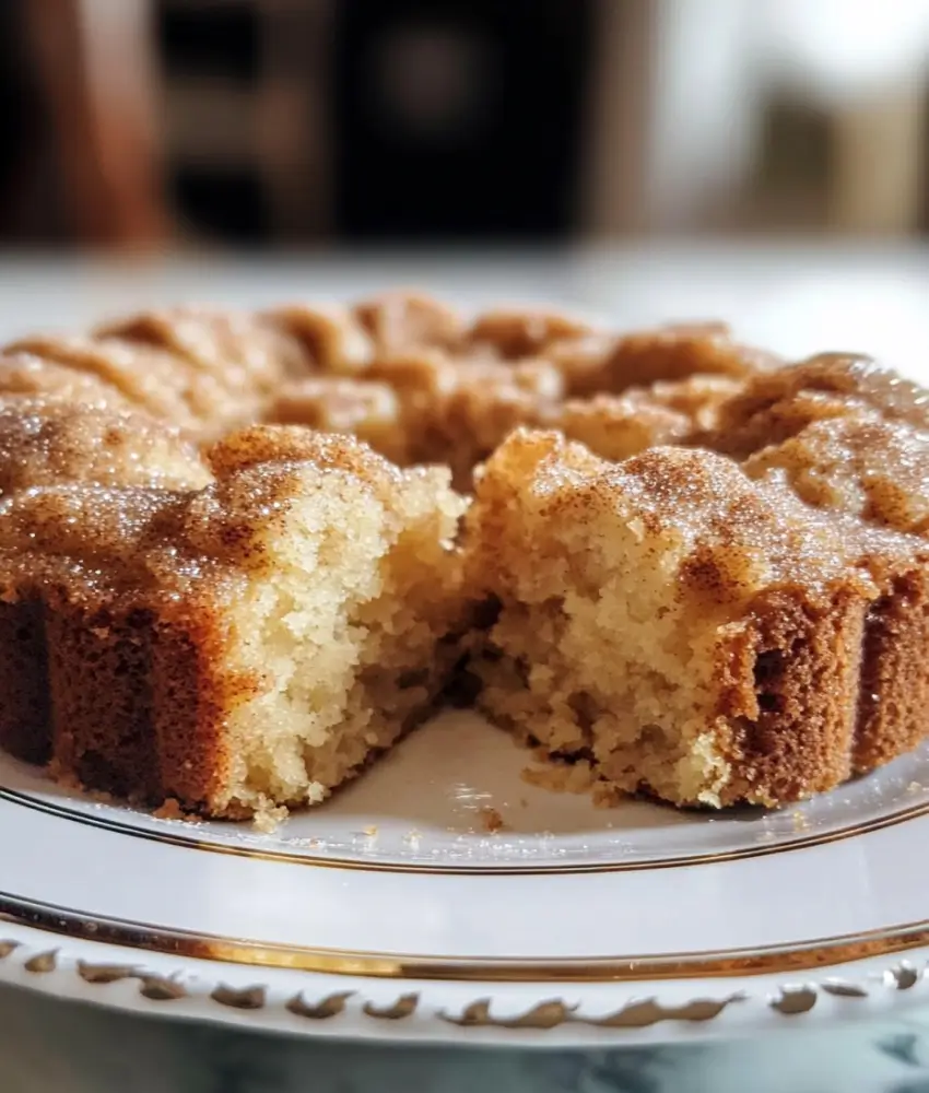 A cinnamon sugar apple bundt cake served on an elegant white plate with gold trim. The moist interior and sugary crust are visible, with one slice removed to reveal the soft texture.