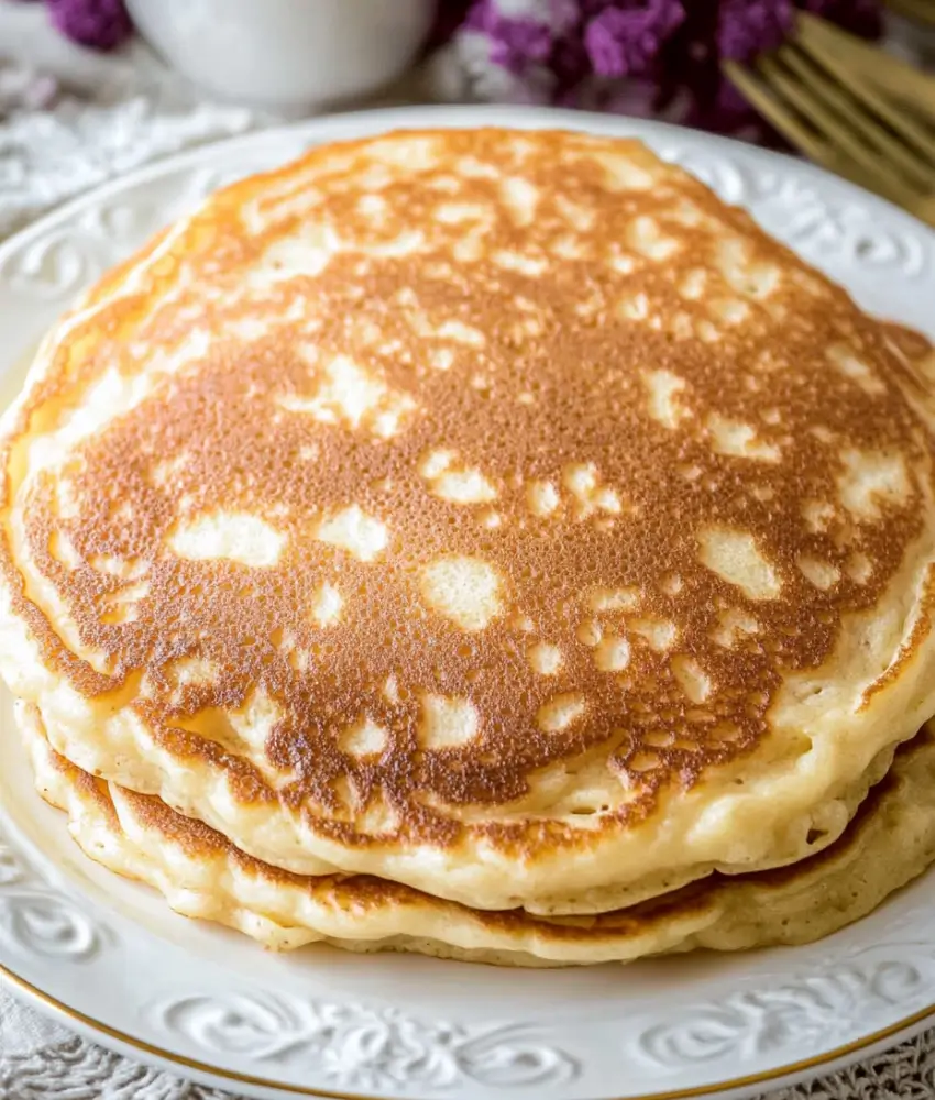 A close-up of two golden, fluffy buttermilk pancakes stacked on a white decorative plate, ready to be served.