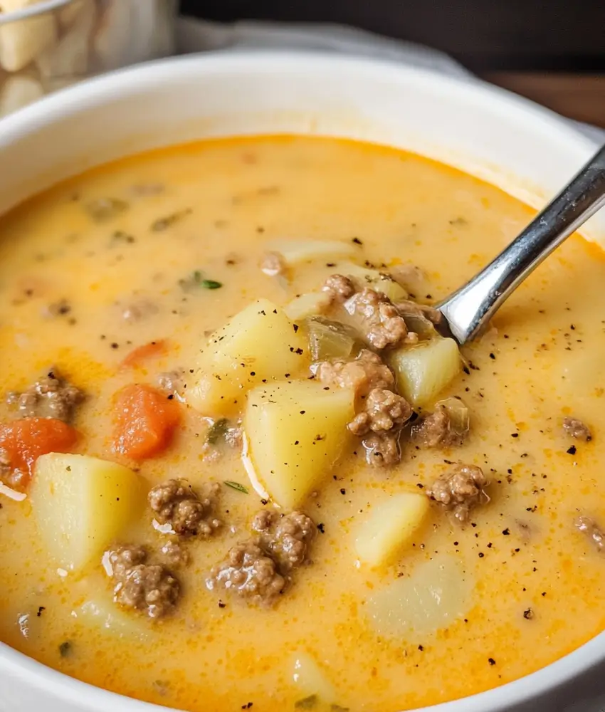 Close-up of creamy hamburger potato soup with ground beef, potatoes, carrots, and a rich broth, garnished with black pepper.