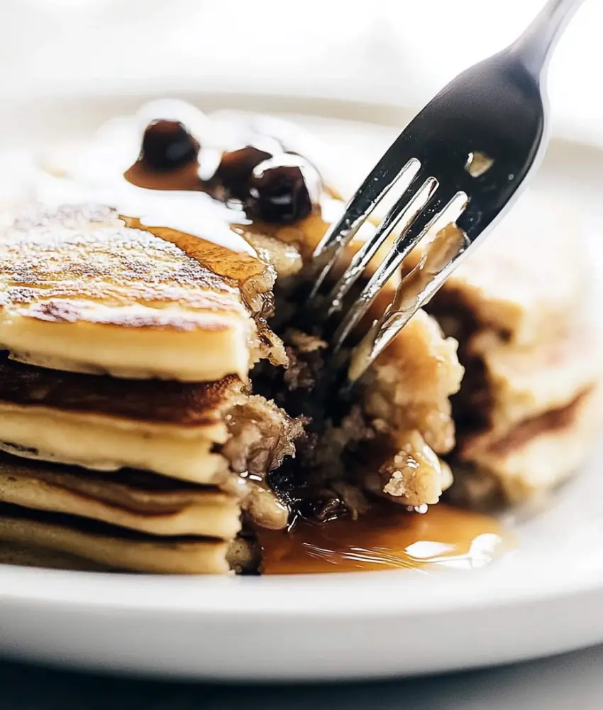 A fork cutting into a stack of fluffy pancakes drizzled with maple syrup and topped with dark cherries on a white plate.