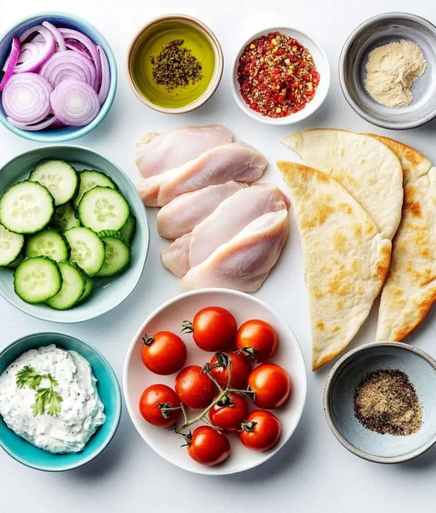 A close-up of grilled chicken pitas filled with seasoned chicken, red onions, cucumbers, and tomatoes.