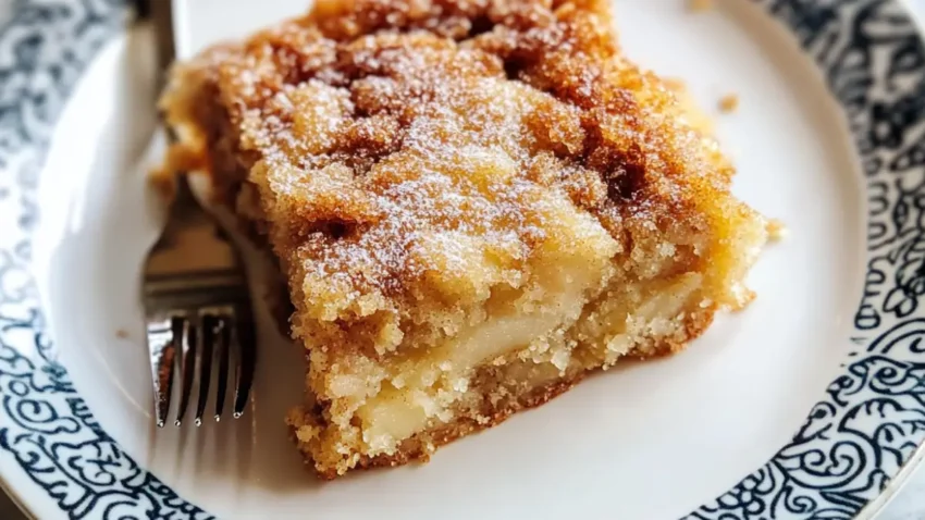 A slice of moist cinnamon sugar apple cake served on a white plate with a decorative black border, dusted with powdered sugar and showing layers of apples and crumb topping.