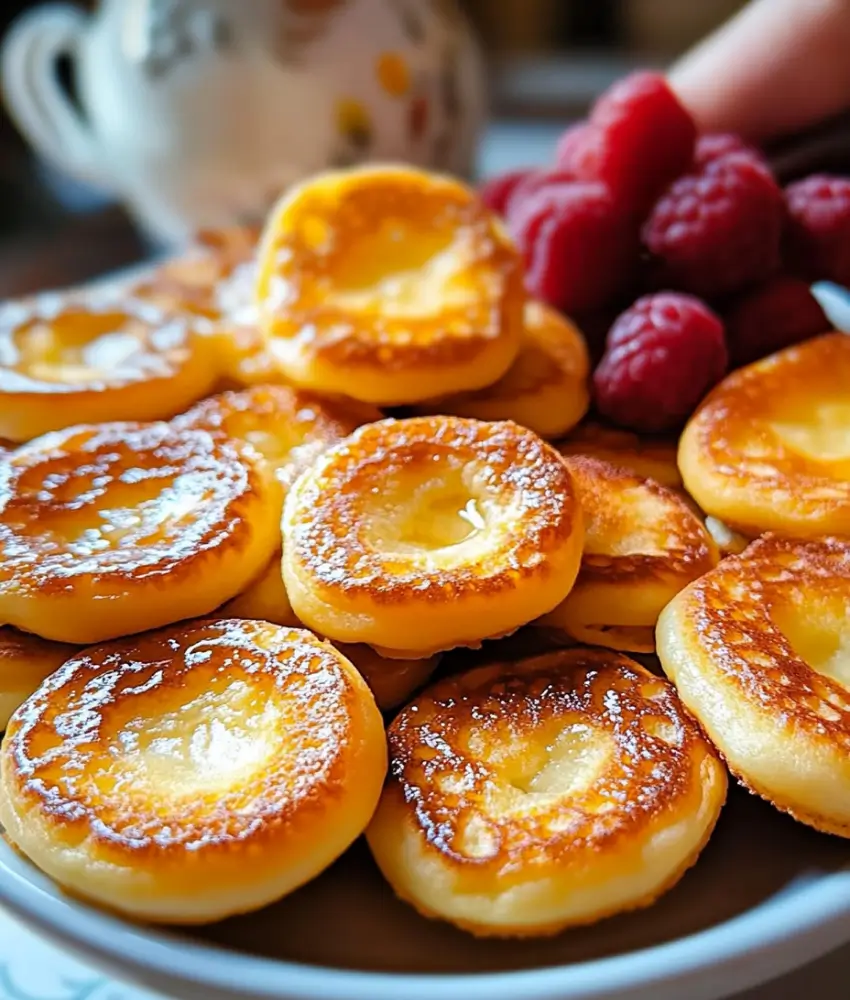 A close-up of golden mini pancakes, garnished with fresh raspberries, highlighting their fluffy texture and golden edges.