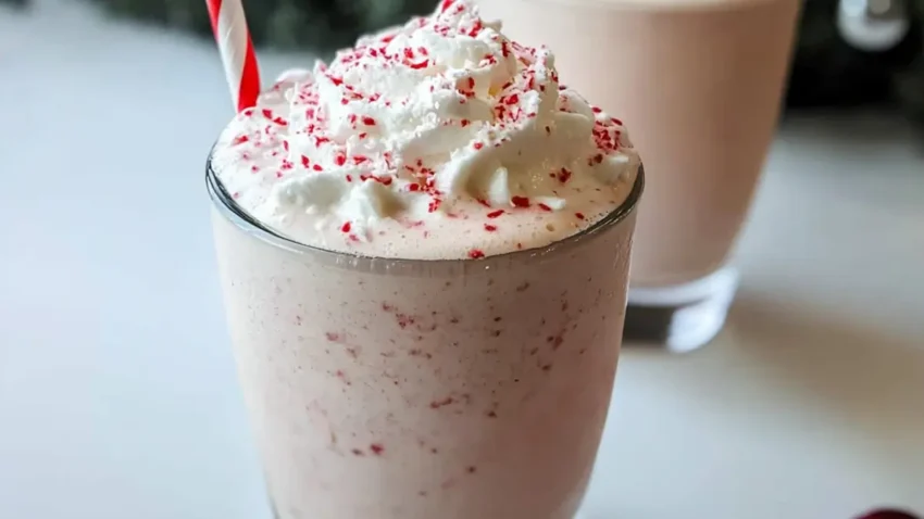 Close-up of a peppermint milkshake topped with whipped cream and crushed peppermint candies in a clear glass with a festive red and white straw.