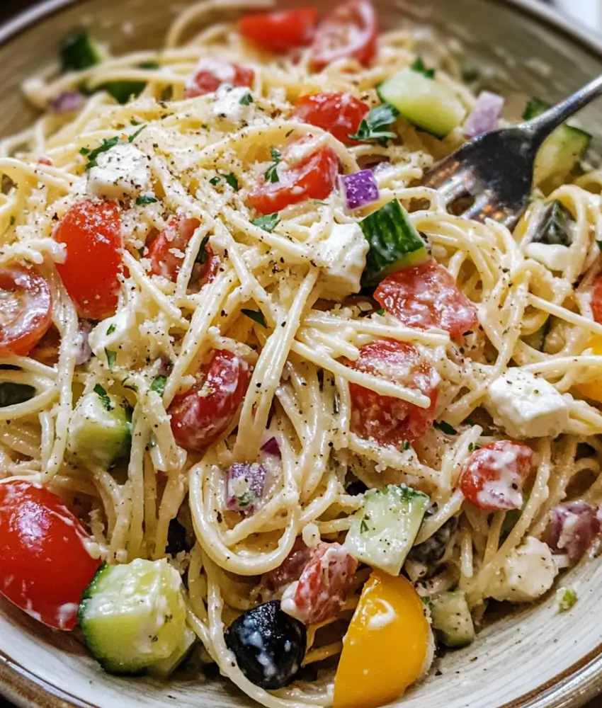 California-style creamy spaghetti salad with fresh vegetables and black olives, garnished with herbs.