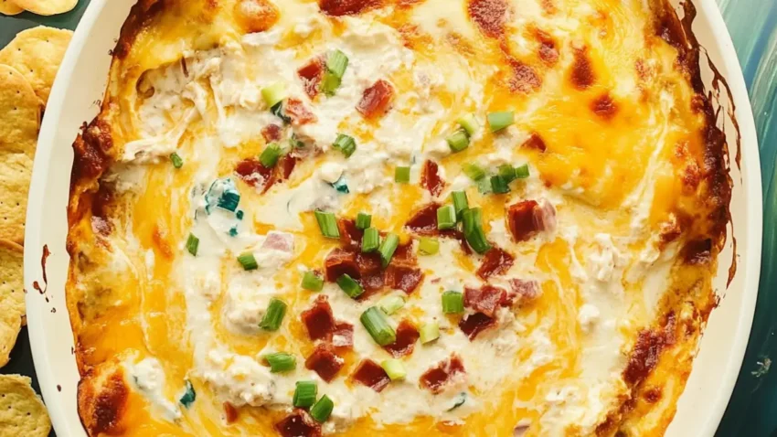 Close-up of crack chicken dip topped with melted cheese, crispy bacon bits, and green onions in a white baking dish, surrounded by tortilla chips.