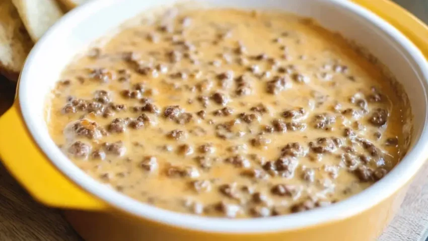 A close-up of creamy hamburger dip in a yellow baking dish, featuring ground beef and melted cheese.