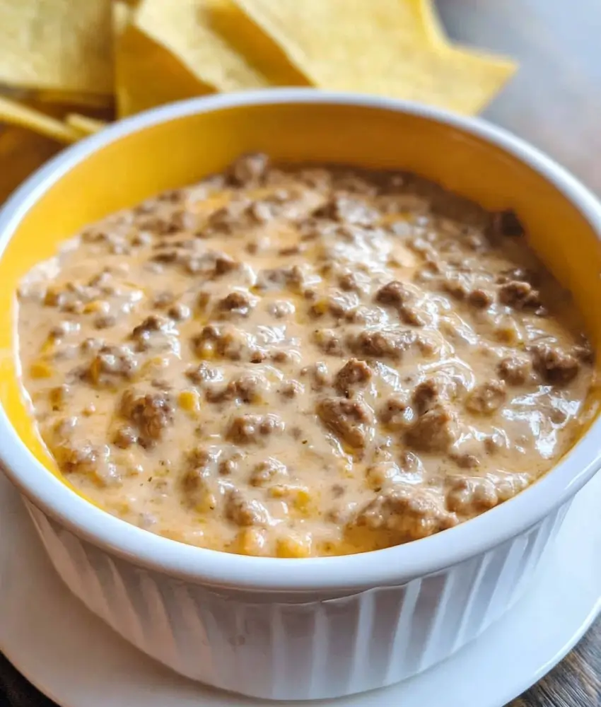 A creamy hamburger dip with ground beef and melted cheese served in a white and yellow dish, paired with tortilla chips in the background.