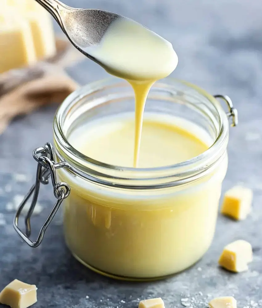 A jar of creamy white chocolate sauce with a spoon dripping the sauce back into the jar, surrounded by small white chocolate chunks.