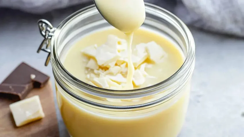 A glass jar filled with creamy white chocolate syrup, topped with white chocolate shavings, with a spoon drizzling syrup into the jar.