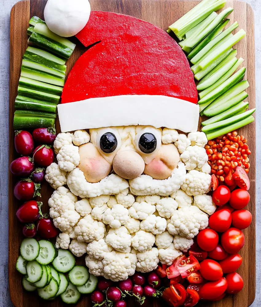 A festive Santa-themed veggie tray made with cauliflower, cherry tomatoes, cucumbers, radishes, celery, and cheese arranged to look like Santa Claus with a red hat.