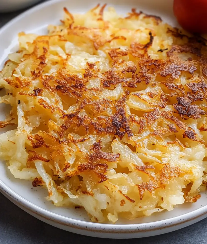 A single golden and crispy hash brown served on a white plate, with a perfectly browned texture.