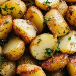 Close-up of crispy golden red potatoes cooked in an air fryer, garnished with fresh parsley and herbs.