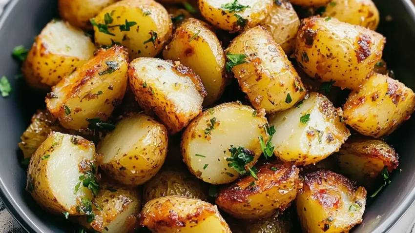 Close-up of crispy golden red potatoes cooked in an air fryer, garnished with fresh parsley and herbs.