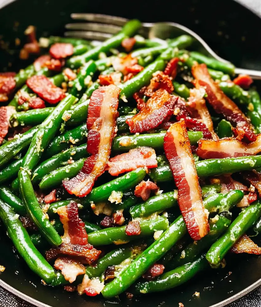 Close-up of green beans sautéed with crispy bacon strips and garlic, served in a skillet with a fork.